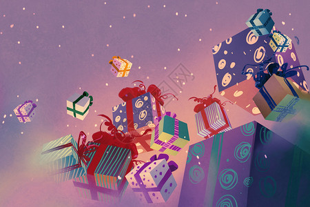 在紫色背景上漂浮的圣诞礼物背景图片