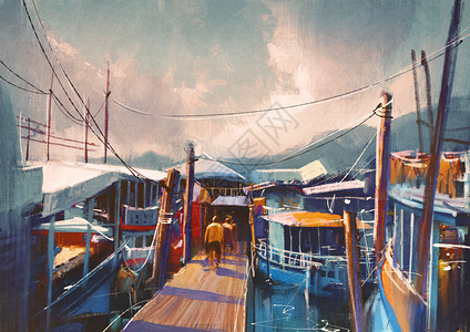 夏季港口渔船的彩色绘画图片