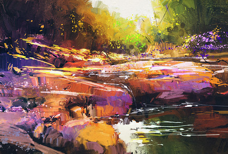 充山隐秀美丽的河流线秋林风景绘画中充插画