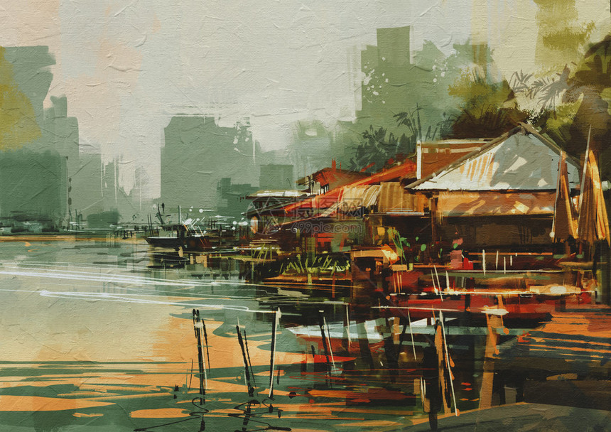 老渔村的海景画水彩风格图片