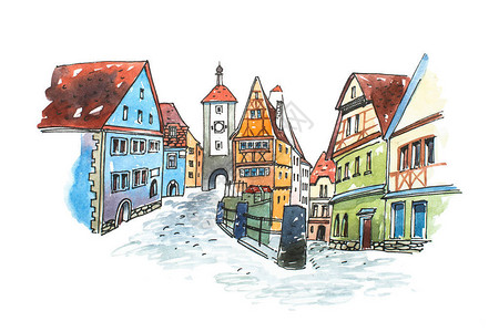 德国老城手绘水彩画巴法力亚镇罗腾堡obderTauber的浪漫城市景插画