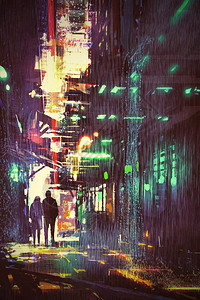 以数字艺术风格插图绘画在雨夜小巷中行走的情侣概念c图片