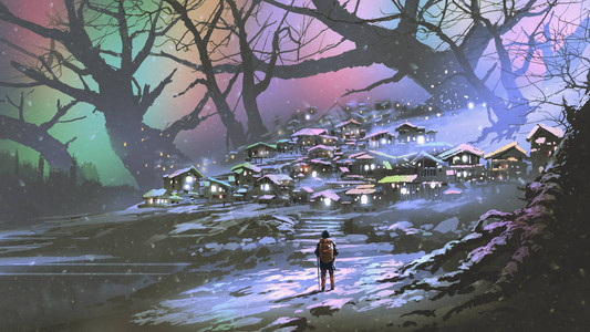 雪村夜间风景气氛多彩数字艺术风格图片
