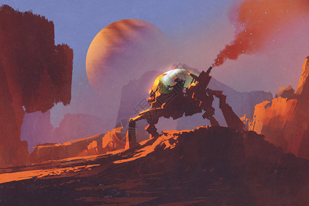 红色行星上机器人飞行器中的男子的scif图片