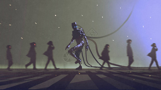 机器人在群中以不同方式行走的独特概念数字艺术风图片