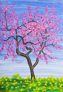 桃树开花绘画丙烯图片