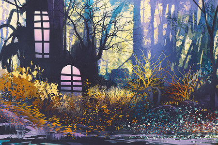 树木干里有房子的幻想景背景图片