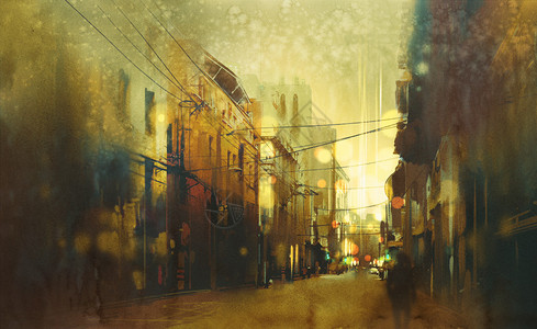 城市街道复古风格的插画绘背景图片