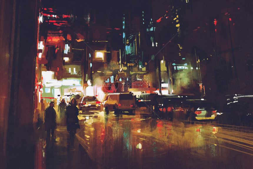 夜街彩灯画城市景观图片