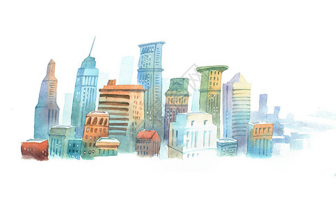 美国纽约高楼的彩色夸丽草图现代大城市的城市风插画