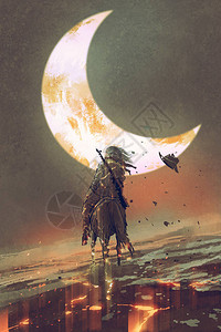 骑马的男子在月球下破碎成片数字艺术风插画