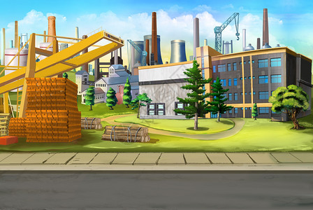 以工厂和建筑起重机对工业景观进行数字绘画图片