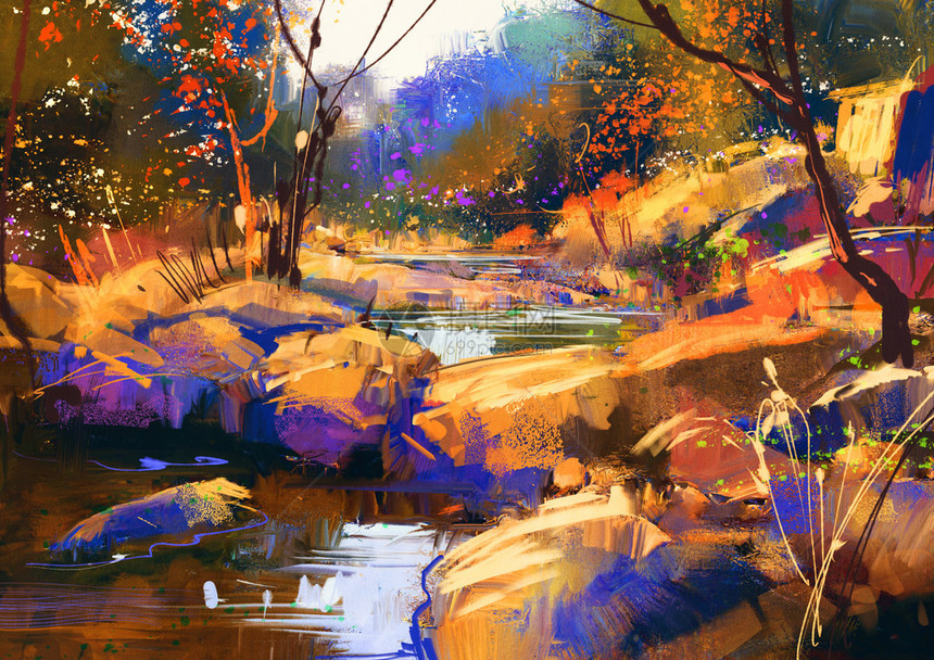 美丽的河流线秋林中多彩的石图片