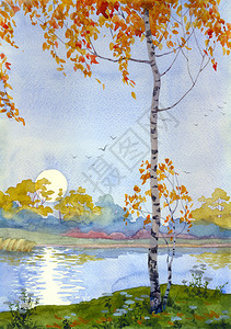 瑞虎迎祥水彩色风景秋天的伯瑞奇在湖上迎插画