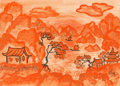 古代艺术传统中的风景橙色手绘图片