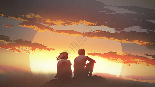 坐在岩石上看着日落数字艺术风格插图画的一对年背景图片