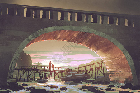 日落时旧桥下河口的景象数字艺术风图片