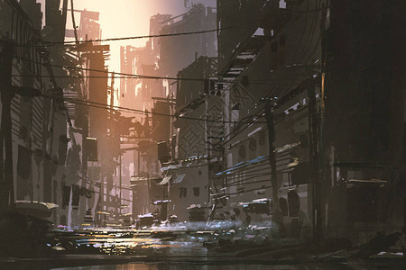 日落时在废弃城市的肮脏街道景象图片