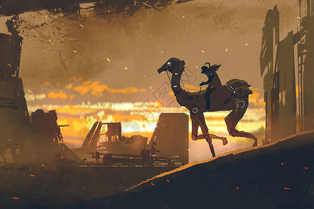 日落时在天末城市运行的远期骆驼数字艺术风格插图绘图片