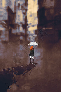 白色雨伞站着反对被摧毁的城市插背景图片