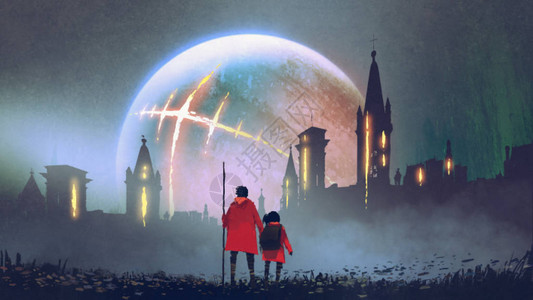 人类和他女儿的夜间风景看着神秘的城堡对抗着闪亮的星球数字艺术图片