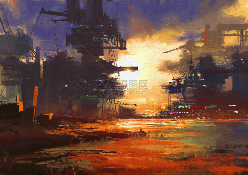 日落时在scifi城市的特大结构图片