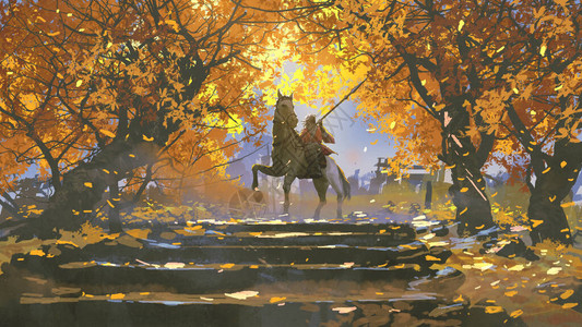 在秋林骑马的武士数字艺术风图片