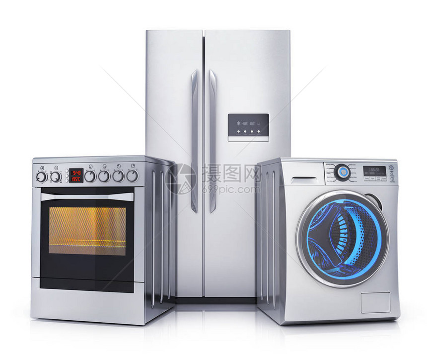 白色背景的消费者电子冰箱洗涤器和电餐机图片