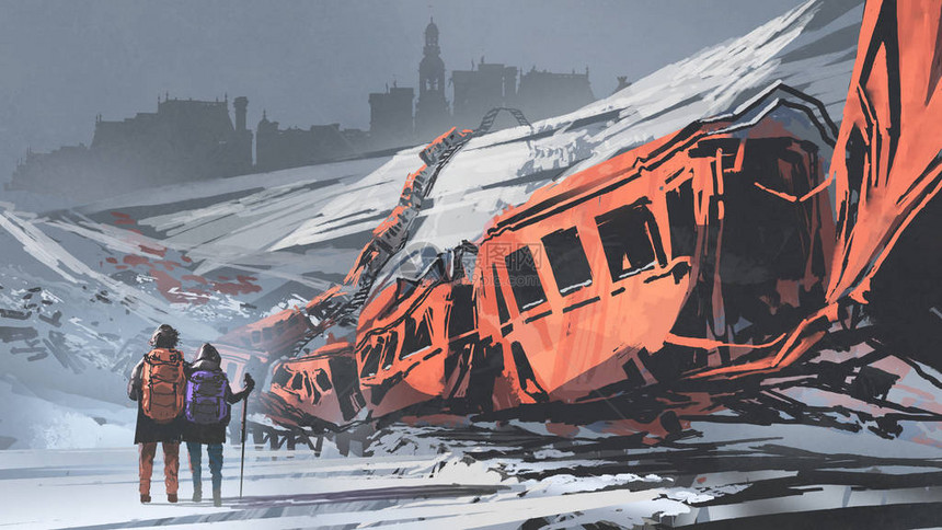 两个徒步旅行者走过雪山的火车数字艺术风图片