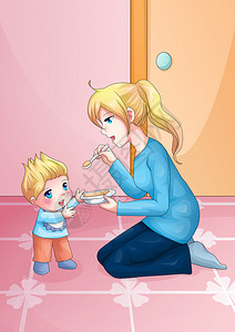 一位母亲喂养她的婴儿的卡通插图图片