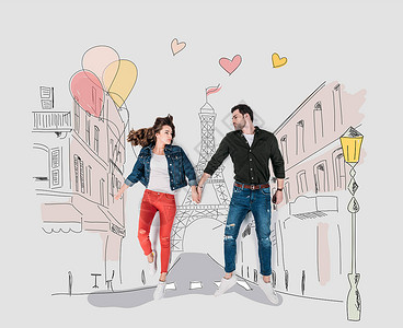 创意手绘拼贴与情侣走在巴黎街上图片