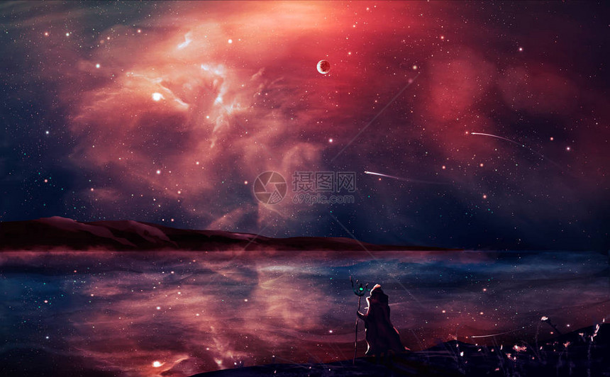 红色星云魔术师行星山区和湖泊的Scifi风景图画图片