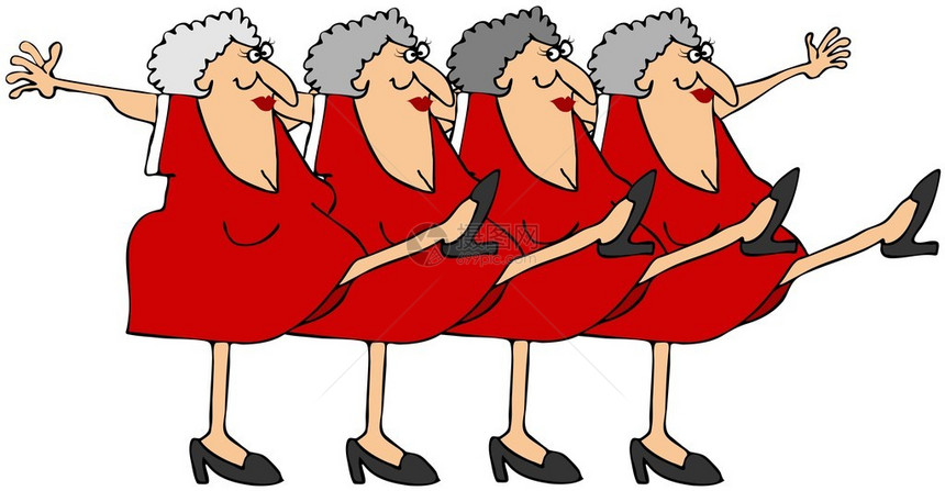 这个插图描述了老年妇女在合唱线上踢腿的图片