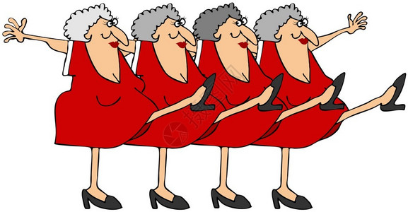 这个插图描述了老年妇女在合唱线上踢腿的插画