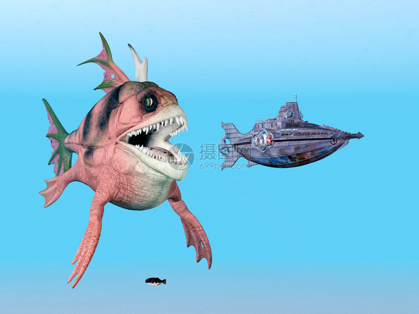 海怪和潜艇的计算机生成3D插图图片