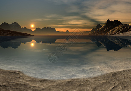 湖边的3d渲染奇幻景观图片