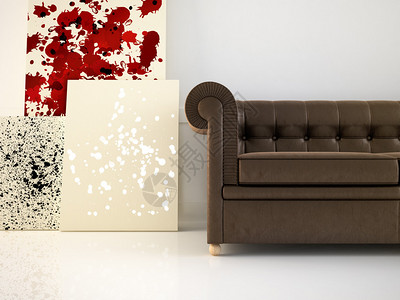皮革沙发和抽象画布在明亮的内饰中图片
