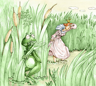 不知疲倦一只青蛙王子在池塘公主的侵扰搜寻中躲藏插画