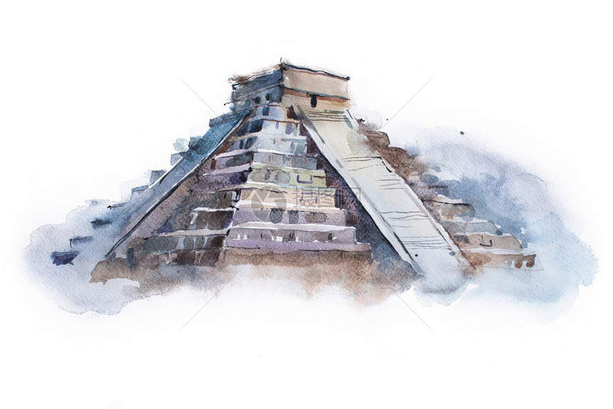 墨西哥水彩画中的金字塔ChichenItza库肯古尔里图片