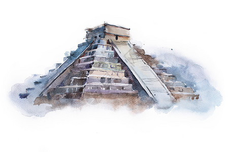 奇切尼察墨西哥水彩画中的金字塔ChichenItza库肯古尔里插画