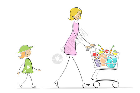 妈推购物车时母女俩购物的插画图片