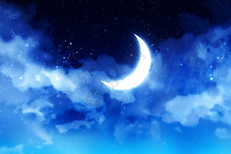 在蓝色满天星斗的天空的幻想新月有云彩背景图片