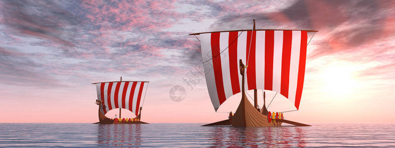 日出时的维京船图片