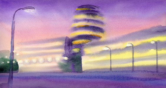 费拉塔大道现代风格的彩色水彩风景粗略绘图模糊有雾的商业区大道在夏夜被白色街灯照亮在明亮的日落天空上有文本空插画