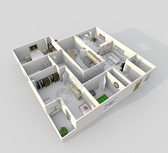 带家具的公寓的3d室内渲染斜视图图片