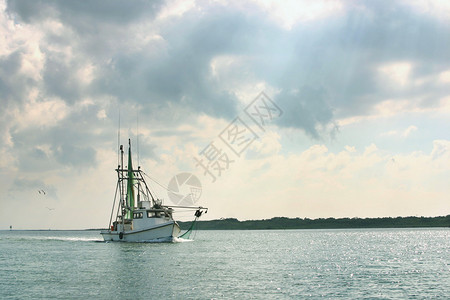 德克萨斯海湾岸的一只虾船在捕鱼一图片