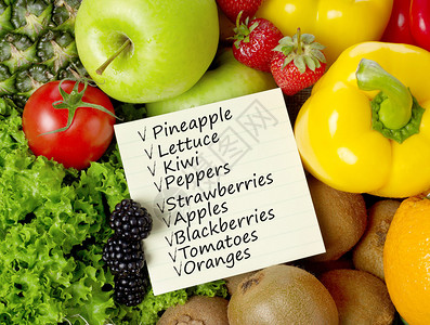 水果和蔬菜的购物清单背景图片