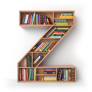 字母Z字母表以书架的形式与书籍隔离在白色图片