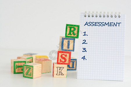 风险评估概念在木板拼图块上写风险信和用字数图片
