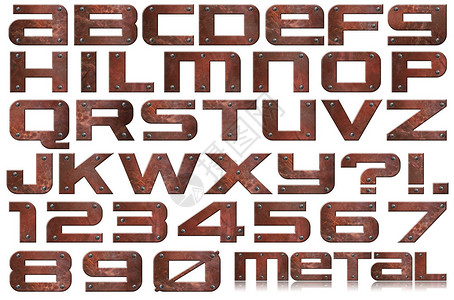 Browngrunge金属字母表和白底有螺图片